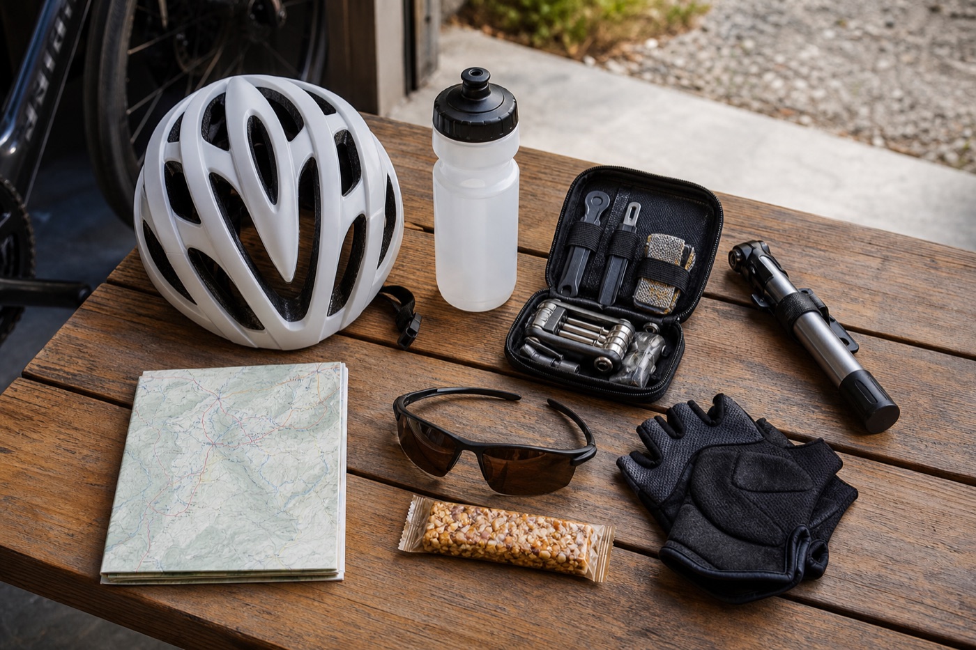 Cycling helmet, repair kit, water bottle, map, and gloves arranged before a ride
