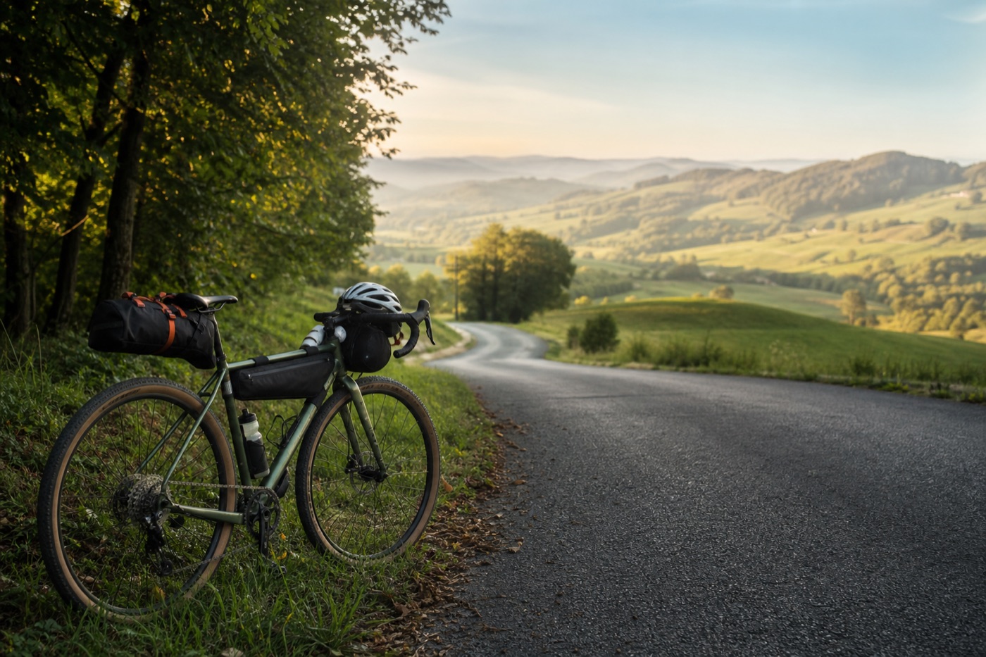 Packed touring bike on a quiet scenic road
