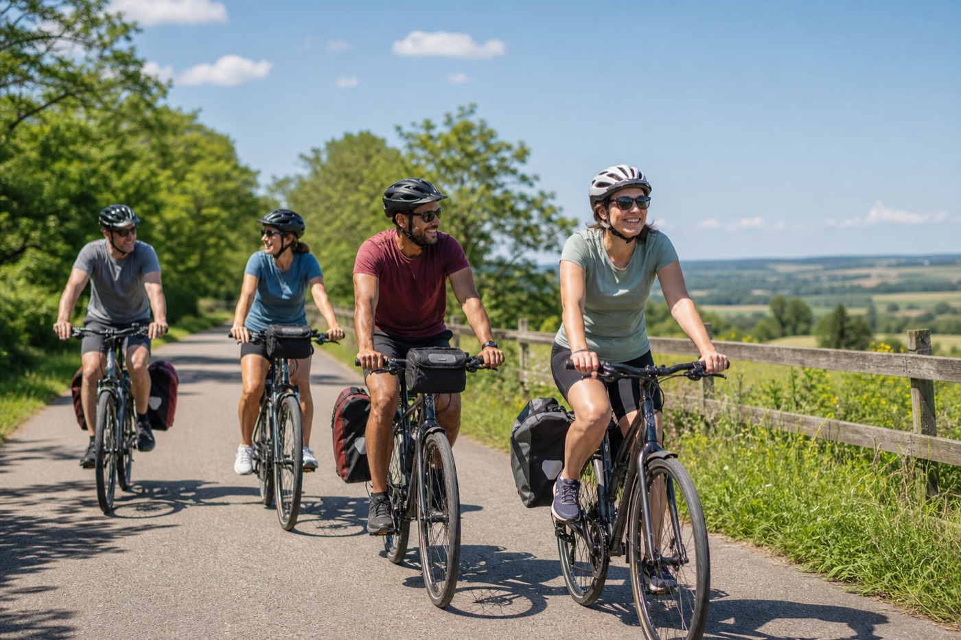 Small group of cyclists enjoying an easy countryside bike tour