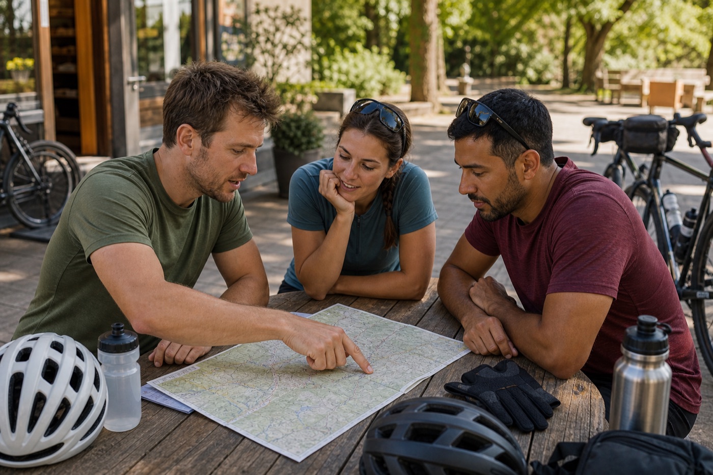 Cycling guide reviewing a route map with riders before a tour
