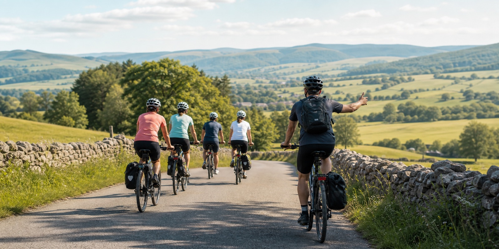 Guided cycling group riding through scenic countryside